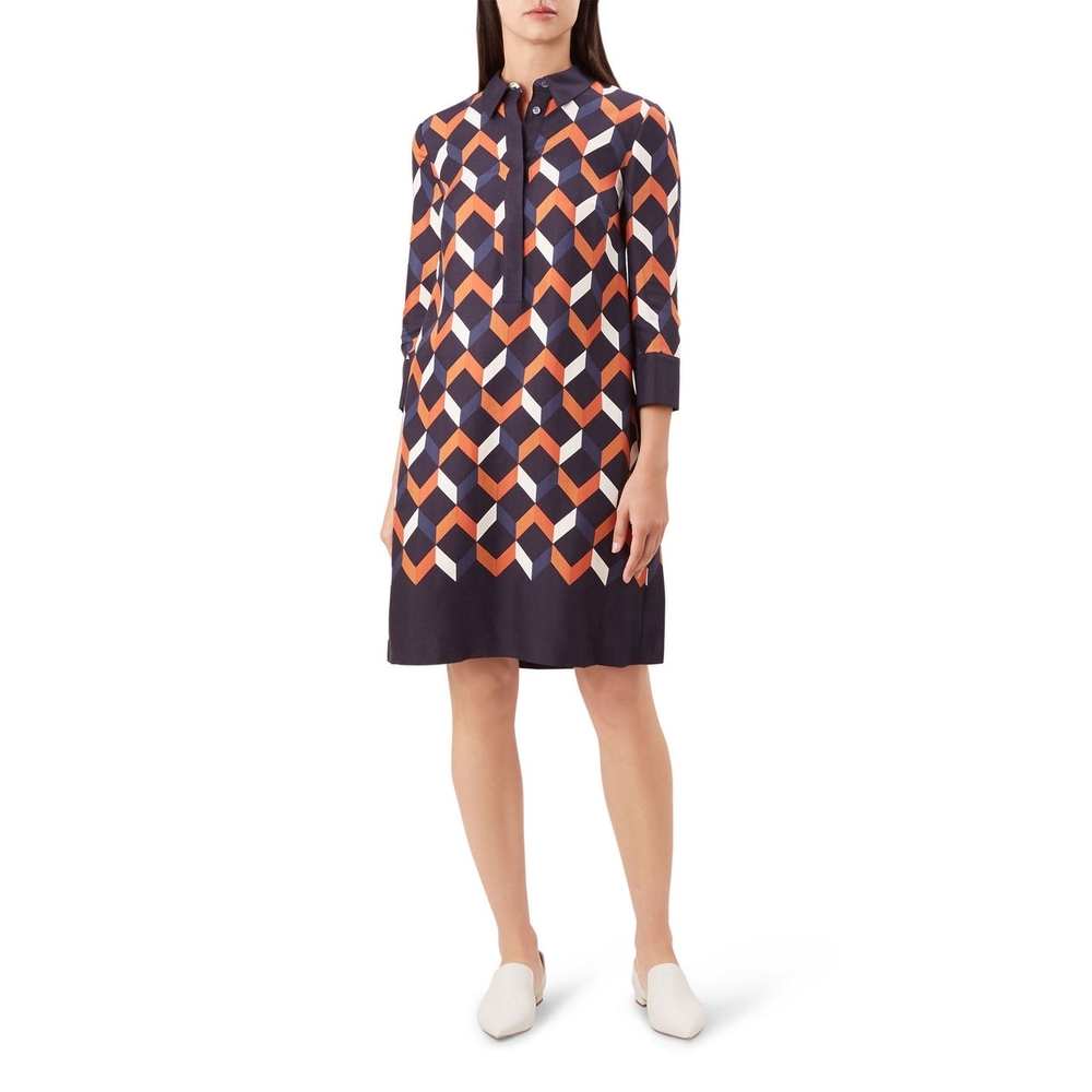 Hobbs Aubery Collared Dress Geometric Retro Diamon Pattern Navy Orange Size 4 - Picture 3 of 9
